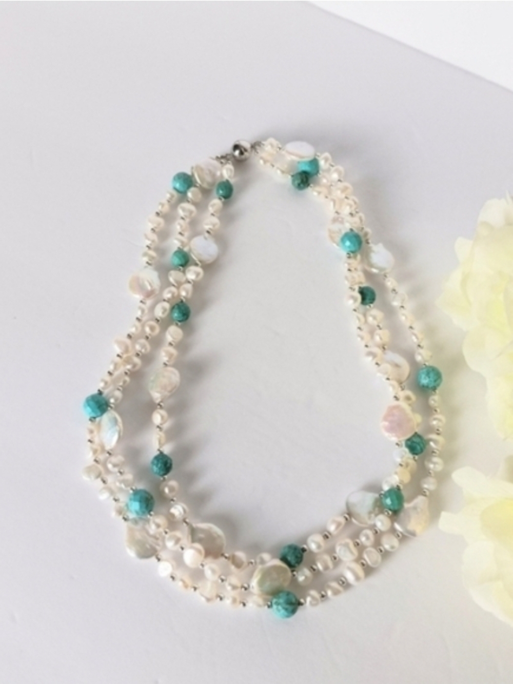 DH Pearls Three Strand Fresh Water Cultured Pearls And Turquoise Necklace